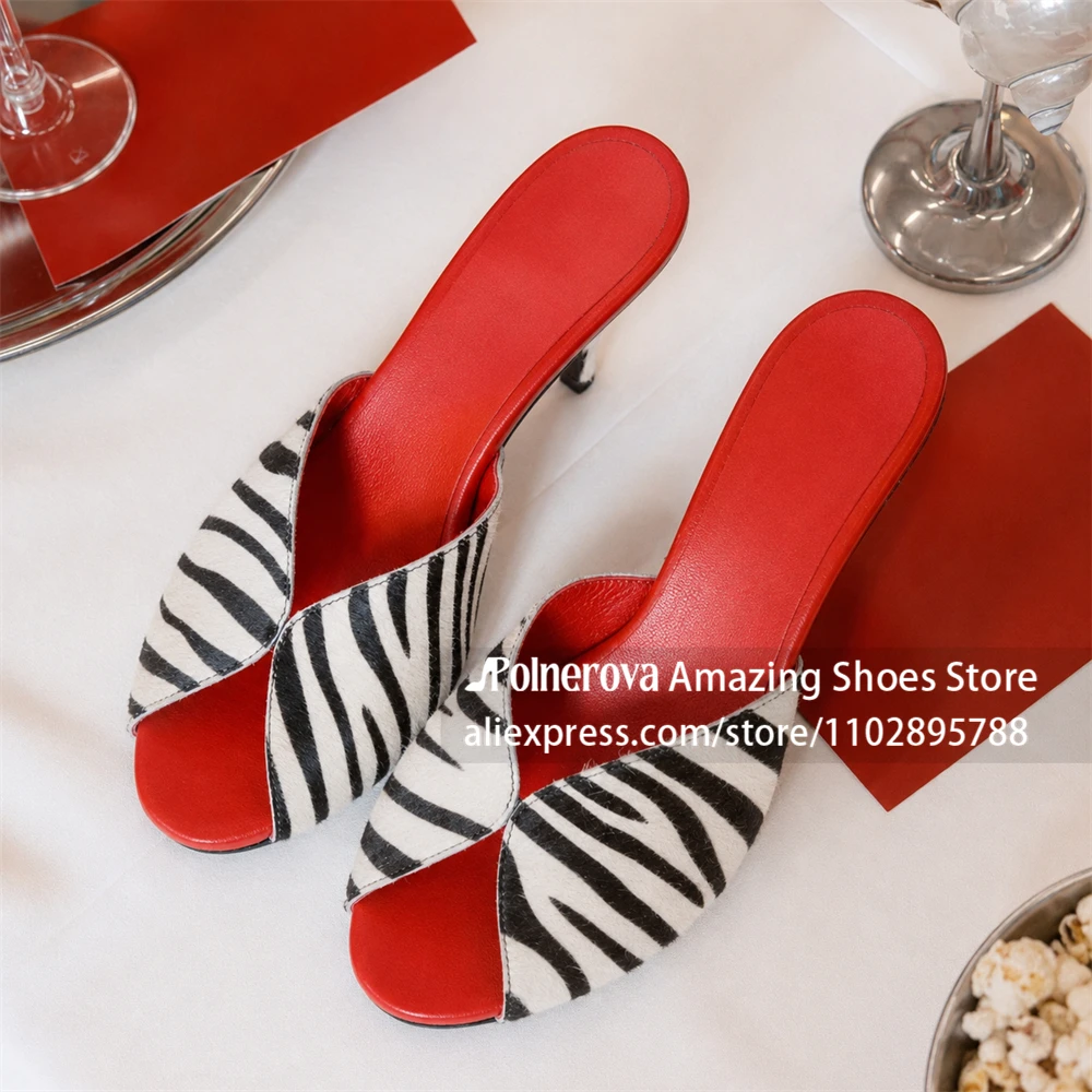 Zebra Print Red Insole Low Heel Mules Peep Toe Cross Strap Slip On Mule Sandals Zebra Pattern Contrast Color Women Summer Shoes