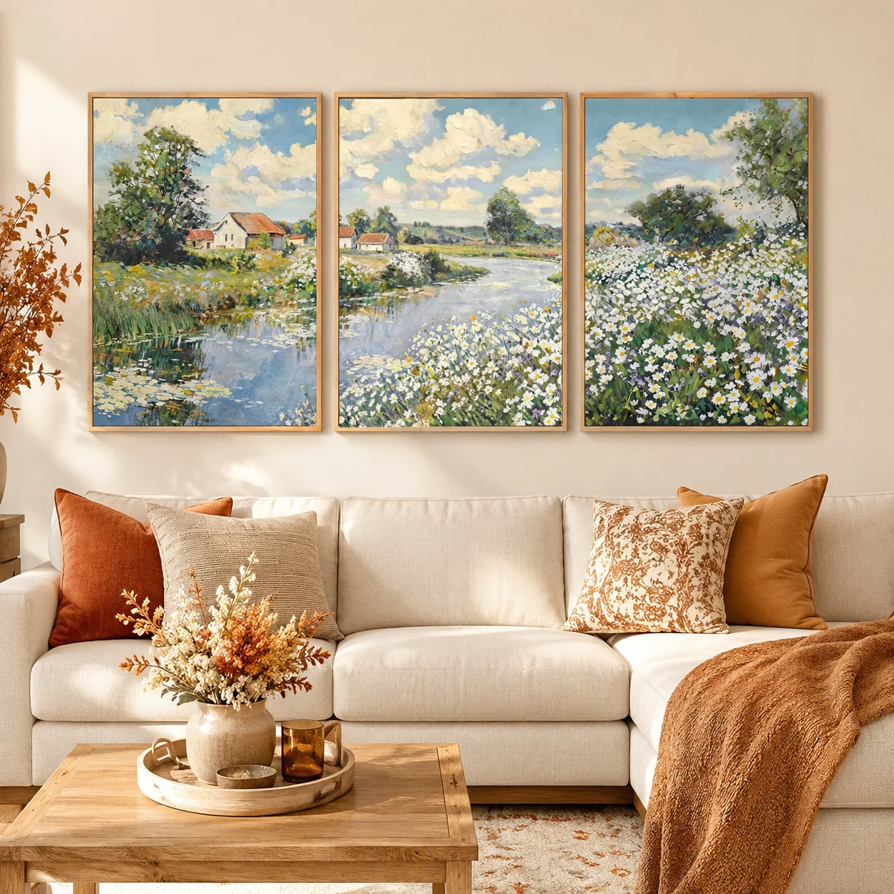 3PCS Monet Style Impressionist Countryside River Canvas Wall Art, Daisy Flower Field Scenery Prints for Living Room Home Decor