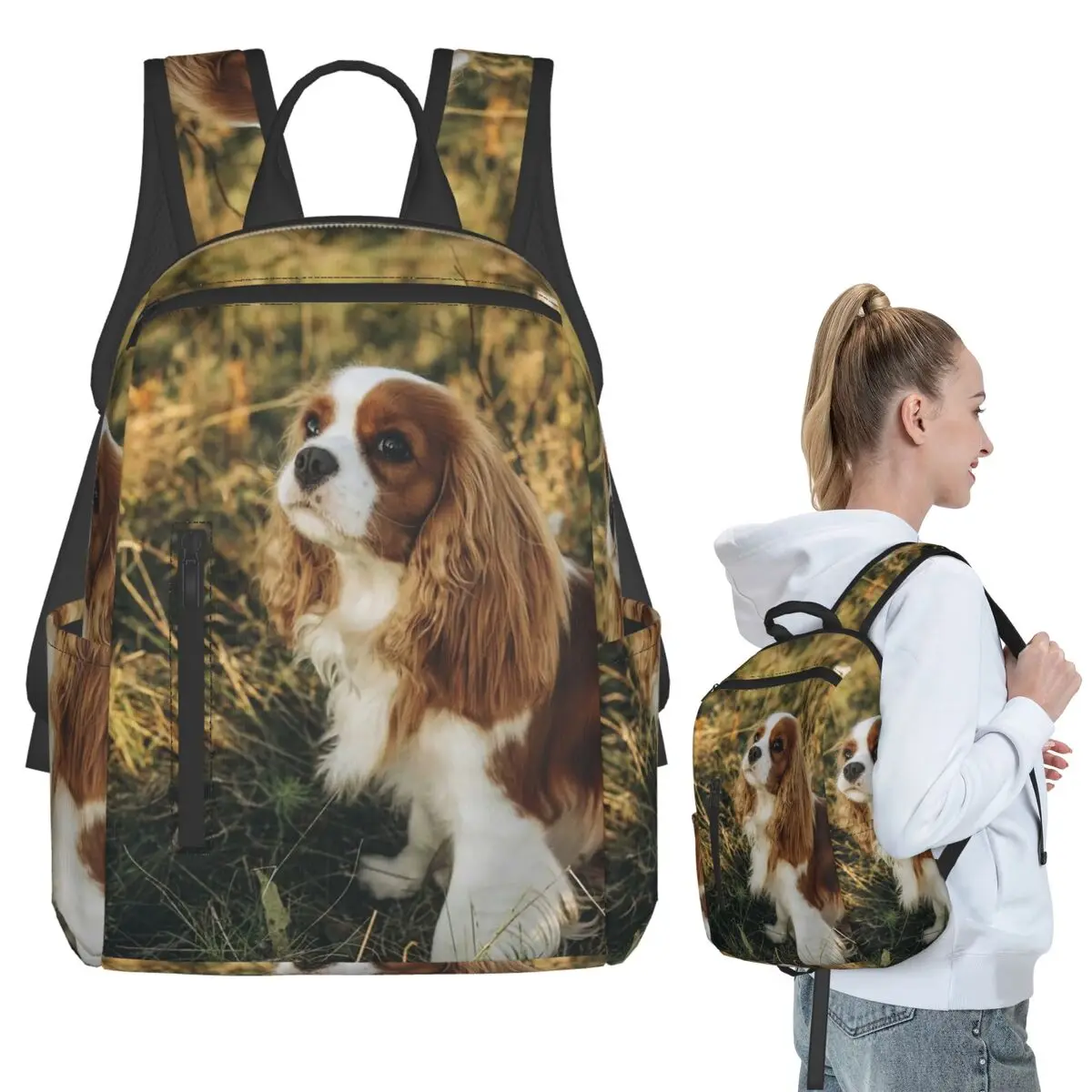 

Custom Cavalier King Charles Spaniel Square Backpack Student BookBag Kids School Bag Laptop Shoulder Bags Men Women