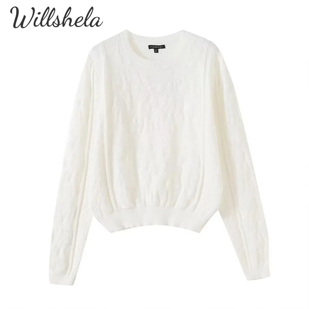 

Willshela женская модная белая трикотажная рубашка с круглым вырезом и длинными рукавами женская шикарная женская повседневная блузка Mujer