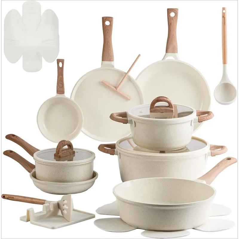 Juego de ollas y sartenes antiadherentes, utensilios de cocina de cerámica no tóxicos, olla y sartén antiadherentes con tapa, inducción de granito blanco crema, 22 Uds.