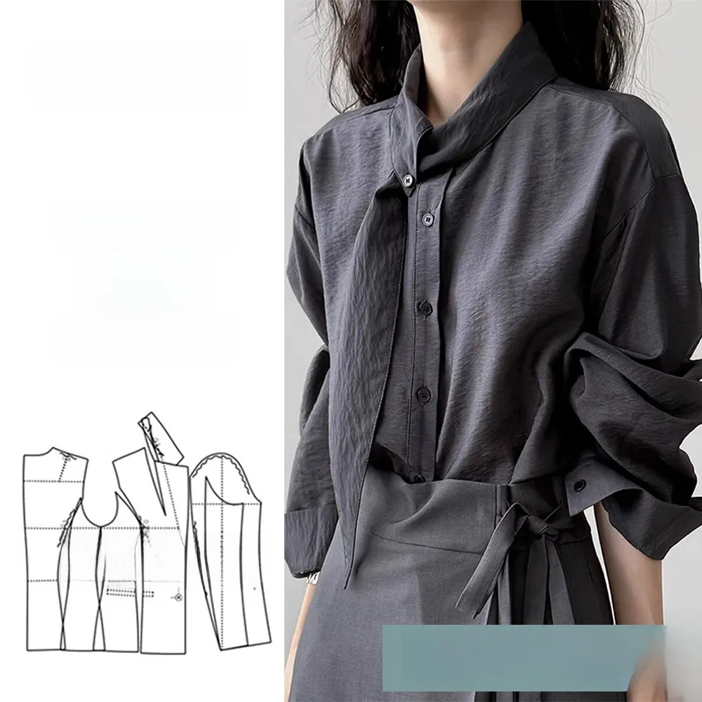 Casual Long Sleeve Women's Shirt Paper Pattern Single Button Design Spring Autumn Blue Tailoring Diagram Custom Made Service