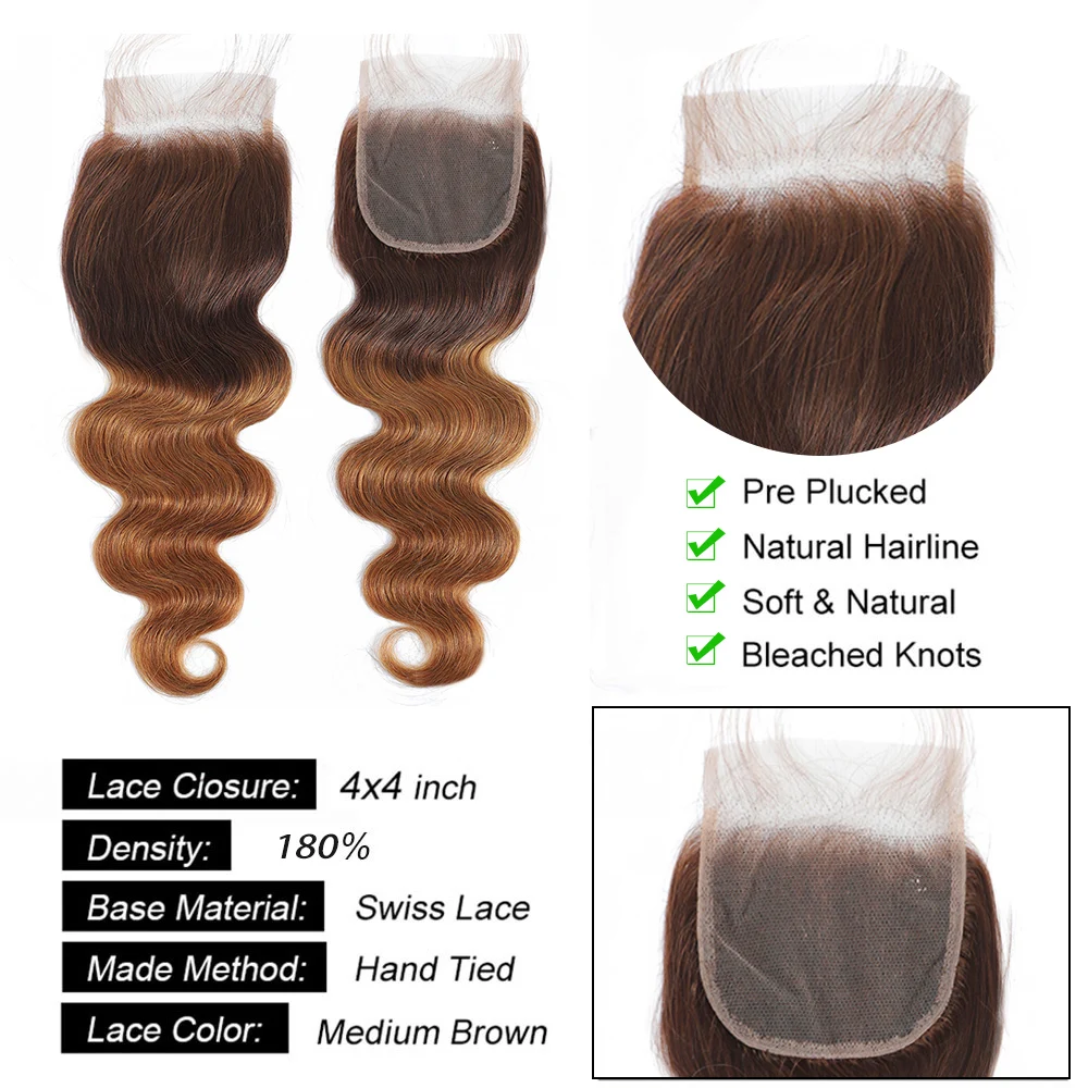 Body Wave Human Hair Bundles ปิดผมบราซิลรวมกลุ่มกับการปิดสี Ombre 3/4 ชุดพร้อม Remy