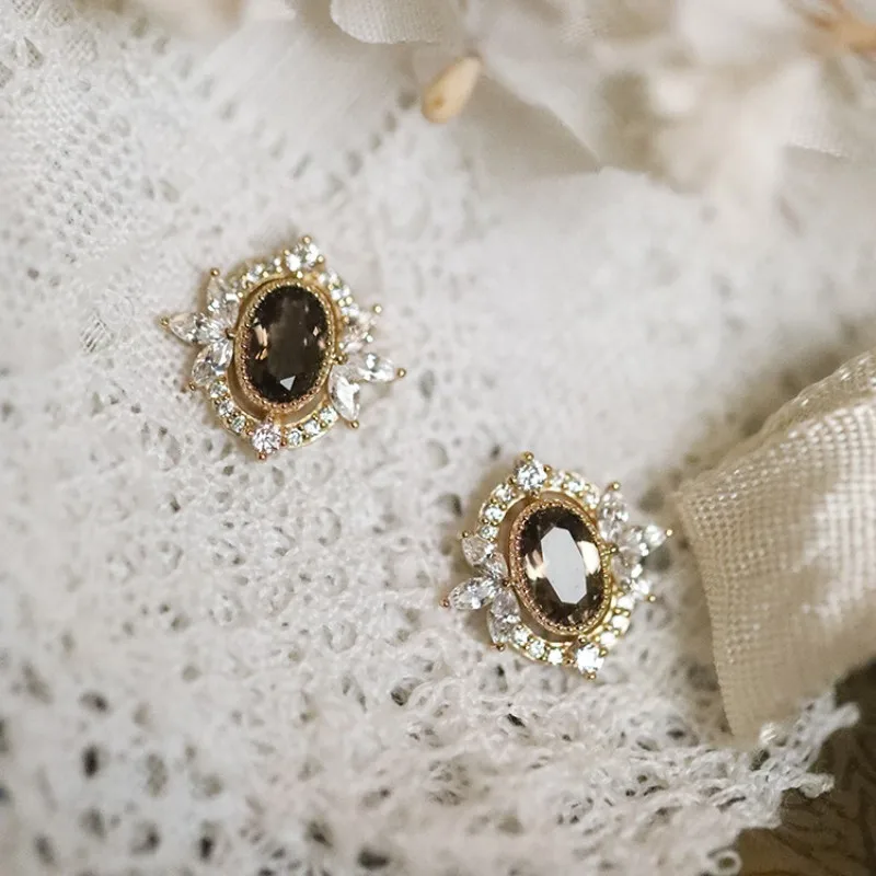 925 Sterling Silver Plated 14K Gold Vintage Delicate Inlay Coffee Colored Zirconia Kolczyki dla kobiet Wysokiej jakości biżuteria imprezowa — zdjęcie 4