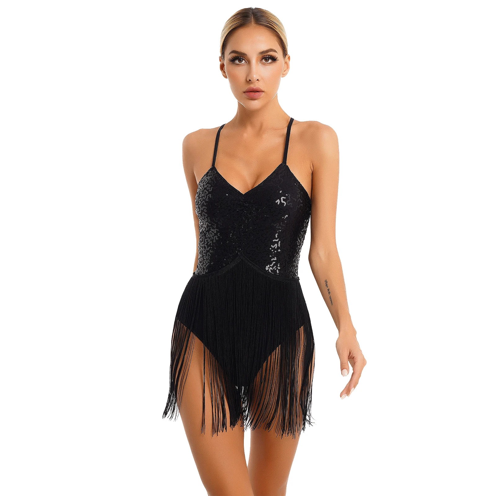 Womens Glitter Sequins Fringed Bodysuit V Neck Adjustable Straps Tassel Leotard Dance Performance Costume