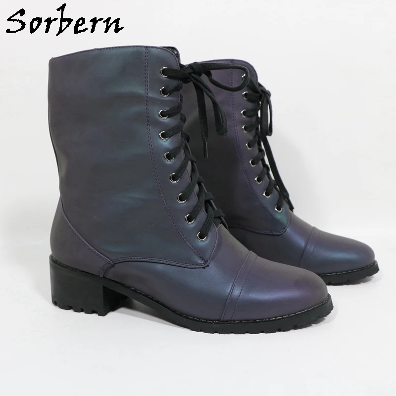 Sorbern Black Reflective Ankle Boots For Women Square Low Heels Round Toe Unisex Style Short Booties Lace Up Custom Color