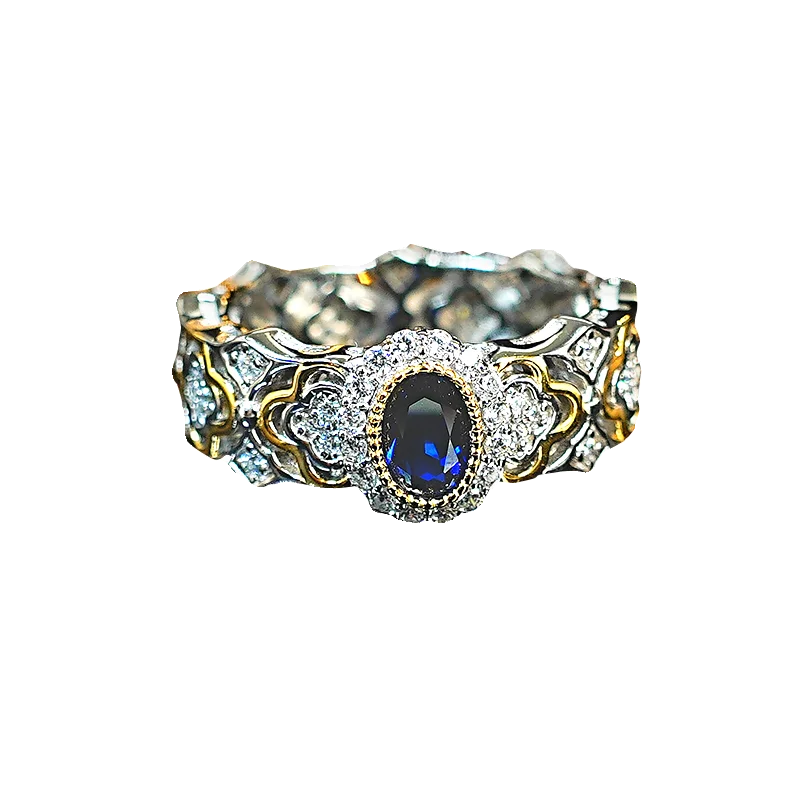 Middle ancient Italian brushed craft 925 silver ring with hollowed out retro index finger ring, royal blue temperament for women