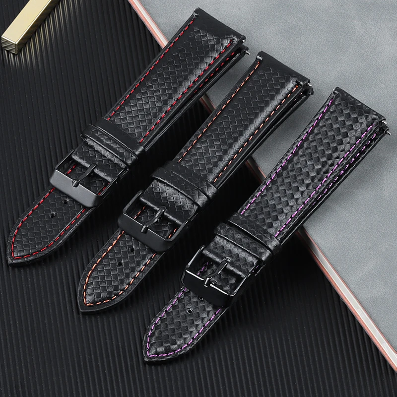 Genuine Leather Watchband for Seiko Carbonfiber Grain Bracelet for Casio Quick Release Stitching Strap 20mm 22mm Universal Belt