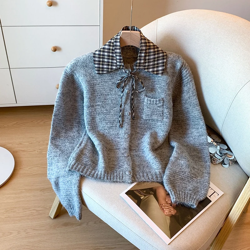 

Vintage Cropped Knitted Cardigan Women Harajuku Plaid Lace Up Sweater Outerwears Korean Knitwears Winter Casual Design Jumpers