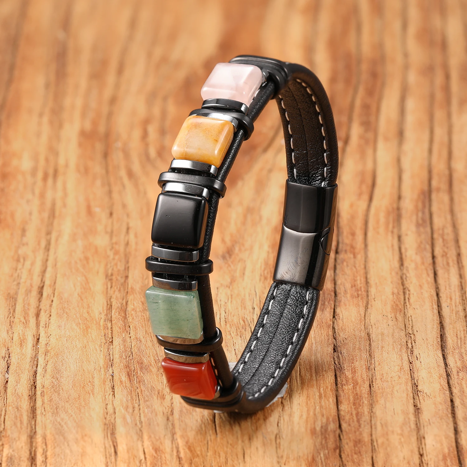 

.Natural Colored Stone，Leather Cord Bracelet，Stainless Steel Clasp，Boho Chic Healing Crystal Jewelry Gift for Women Men