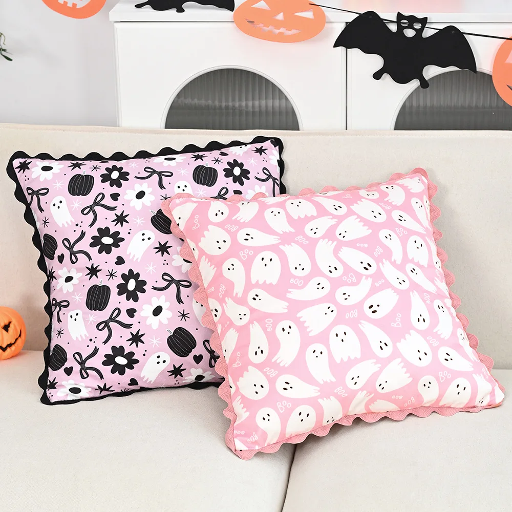 

Pink Halloween Velvet Cushion Cover Ghost Pumpkin Print Decorative Throw Pillow Case with Wavy Edge Halloween Party Home Decor