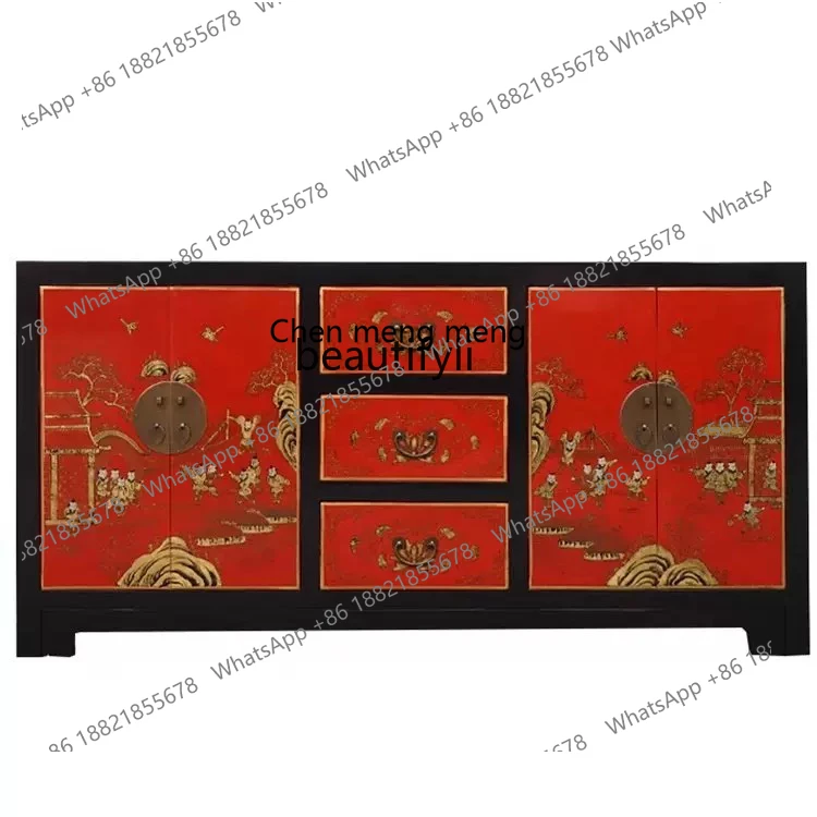 

Solid wood old living room retro simple storage, gold-painted hand-painted storage, dining room cabinet