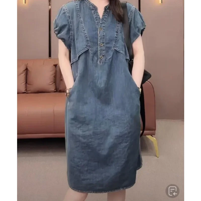 2024 Summer New Short-Sleepy Denim Dress Women\'s Mid-Length Dress Design Loose V-neck Fashion Elegant Bubble Dress