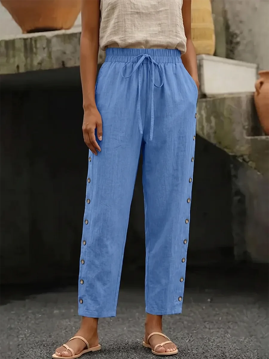 Women Casual Solid Color Straight Pants Elastic Waist Loose Wide Leg Side Button Drawstring Trousers Autumn Winter Outfits