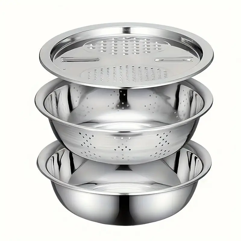 3-Piece Kitchen Set, Stainless Steel Mixing Bowl & Cutting System, Easy Clean Design, Space-Saving, Ideal for Home Cooking