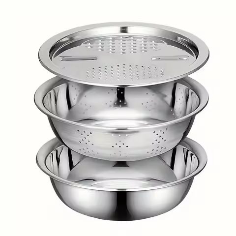 3-Piece Kitchen Set, Stainless Steel Mixing Bowl &amp; Cutting System, Easy Clean Design, Space-Saving, Ideal for Home Cooking
