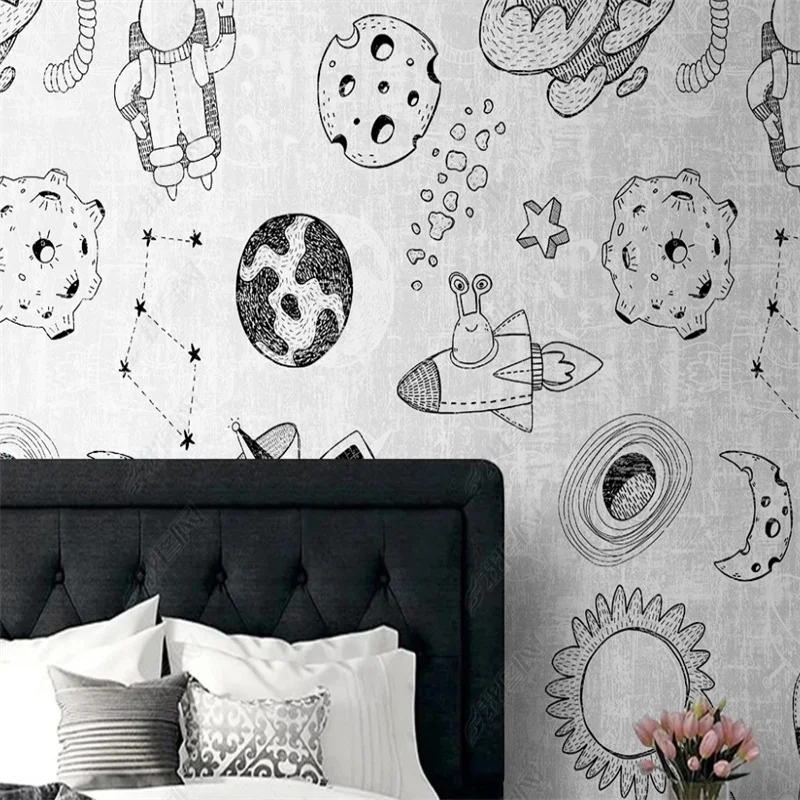 Modern Fashion Wall Paper Grey Astronaut Spaceship Wallpaper Starry Sky Planet 3d Mural Gor Kids Room Children's Room