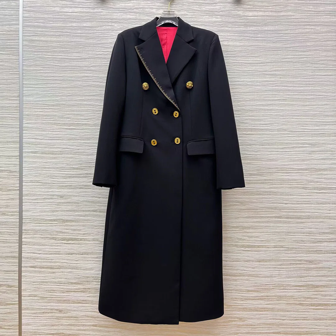 

2025 New Autumn Winter Long Blazer Trench Coat With Brooch Nocthed Long Sleeve Vintage Gold Buttons Solid Color Brand Overcoat