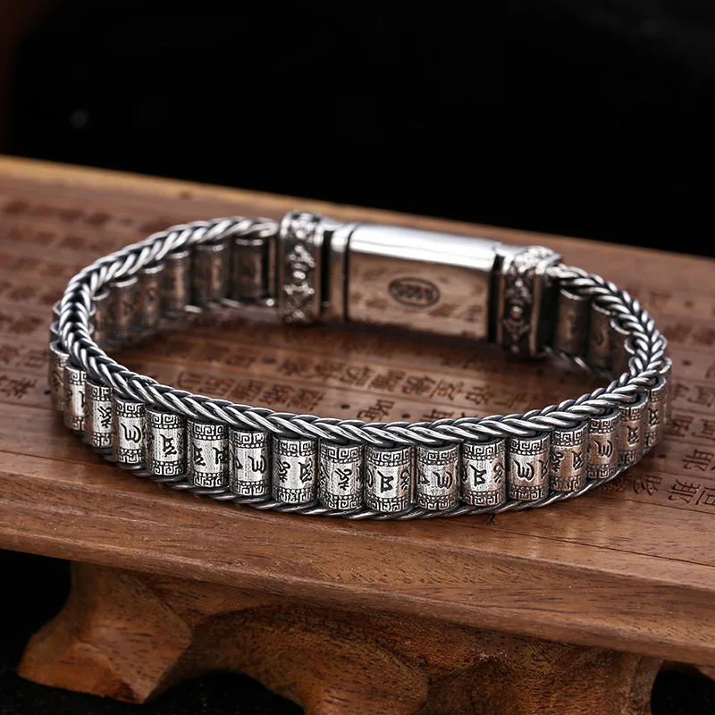 S925 sterling silver jewelry popular trendymen thai silver retro six-character mantra to gold wheel personalized bracelet