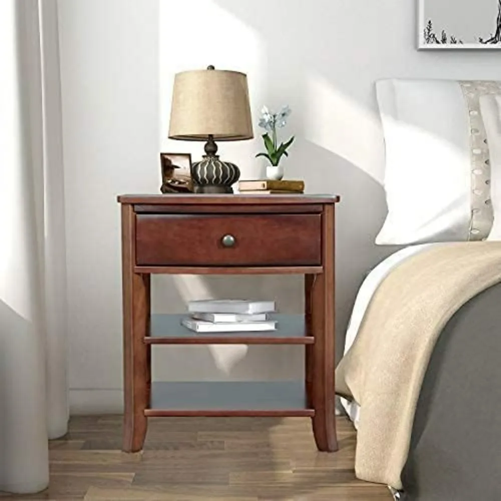 

Wood 3-Tier Nightstand with Storage Shelf and Drawer for Bedroom or Living Room/Round Metal Knobs/Heritage