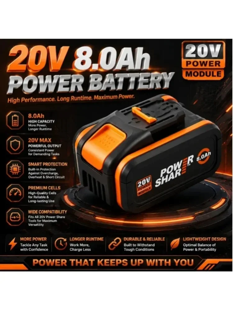 20-V-Ersatzakku mit 8,0 Ah, leistungsstarker Lithium-Ionen-Akku für alle 20-V-Akkuschrauber und -werkzeuge der Power Share-Reihe, mit integriertem intelligenten Schutzsystem und langer Laufzeit.