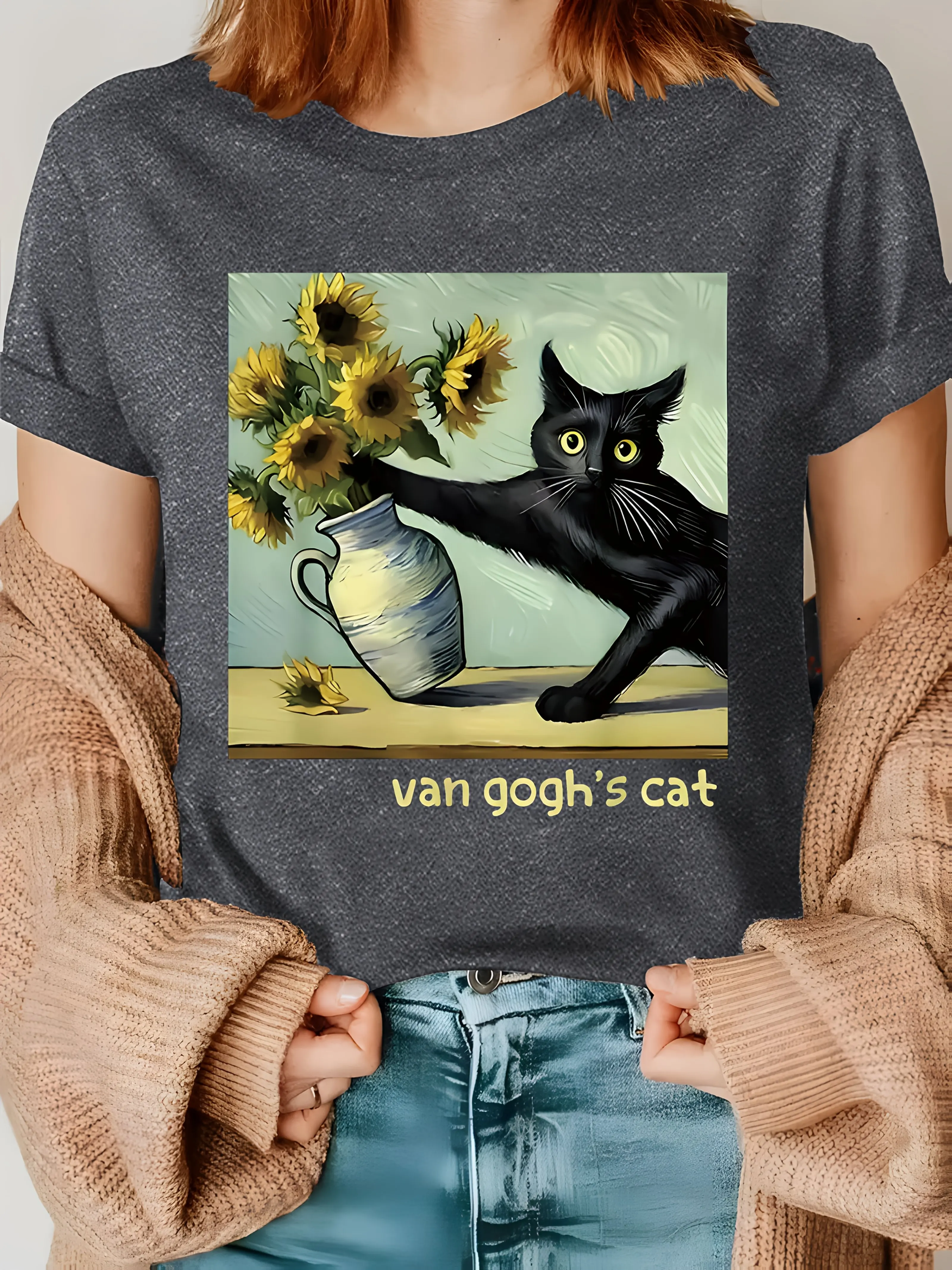 Women's Van Gogh Starry Night Inspired Cat & Sunflowers Art Print T-Shirt - Olive Green Casual Round Neck Short Sleeve Tee