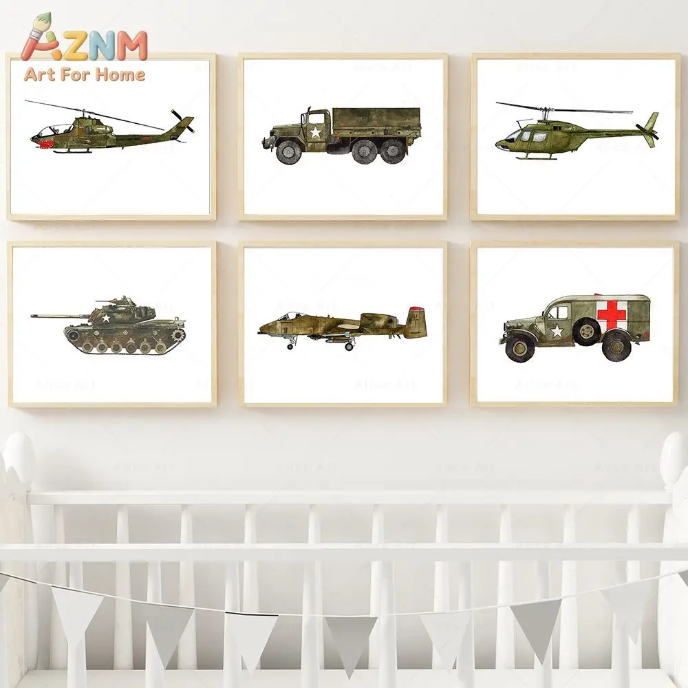 AZNM Watercolor Military Vehicle Canvas Wall Art Tank Helicopter Truck Airplane Army Transport Print Frameless Canvas Painting B