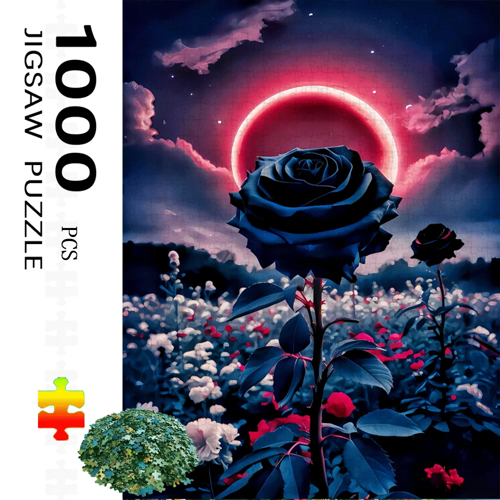 จิ๊กซอว์ 1000 ชิ้น - ท้องฟ้ายามค่ำคืนกุหลาบดำและพระจันทร์สีเลือด, ของเล่นจิ๊กซอว์กระดาษขนาดใหญ่สำหรับผู้ใหญ่, เกมเสริมสร้างความสัมพันธ์ในครอบครัว, เกมฝึกสมอง