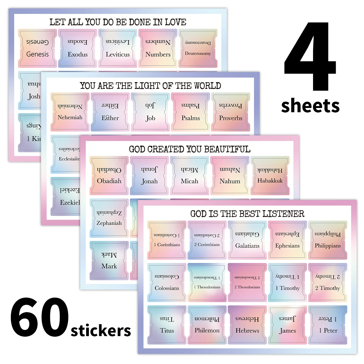 4sheets/60pcs Bible Bookmark Index Tabs Stickers,Inspirational Quotes Decor Pink Label For Organizing Book,Study,Daily Scripture