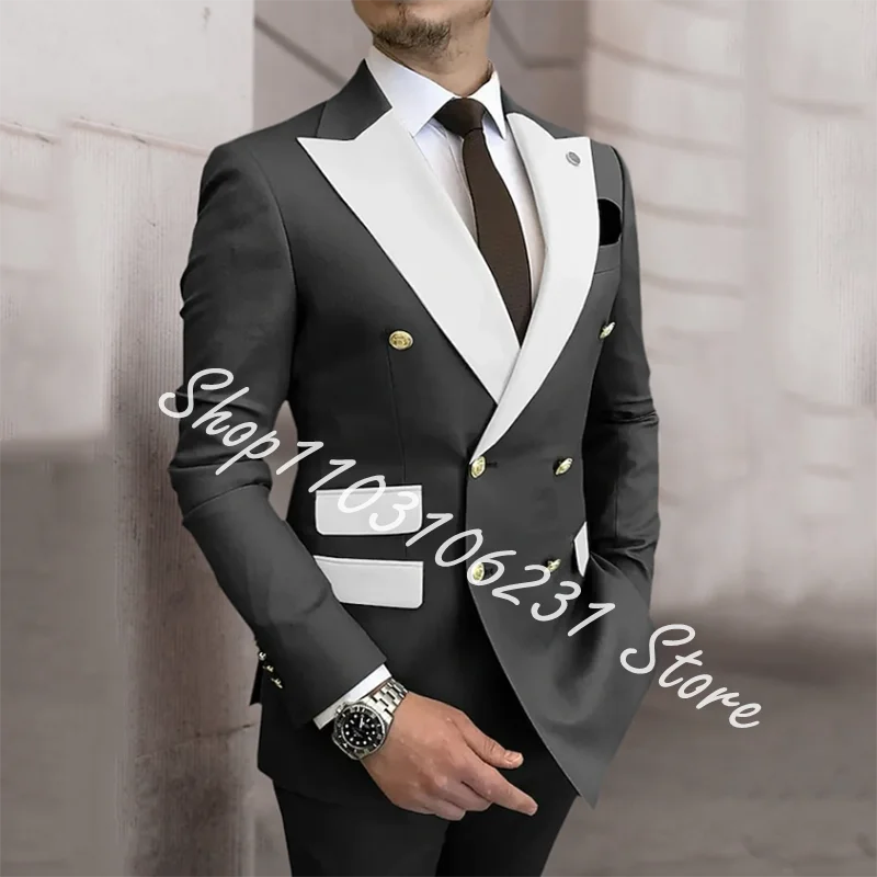 Men Suits 2 Pieces Slim Fit Business Suits Groom Champagne Double Breasted Tuxedos Formal Wedding Costume Homme Blazer Pants