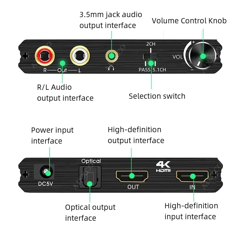 4K 60Hz HDMI Audio Extractor 5.1CH HDMI to Optical SPDIF + 3.5mm Stereo + RCA L/R Audio Extractor with Volume Control HDCP 2.2