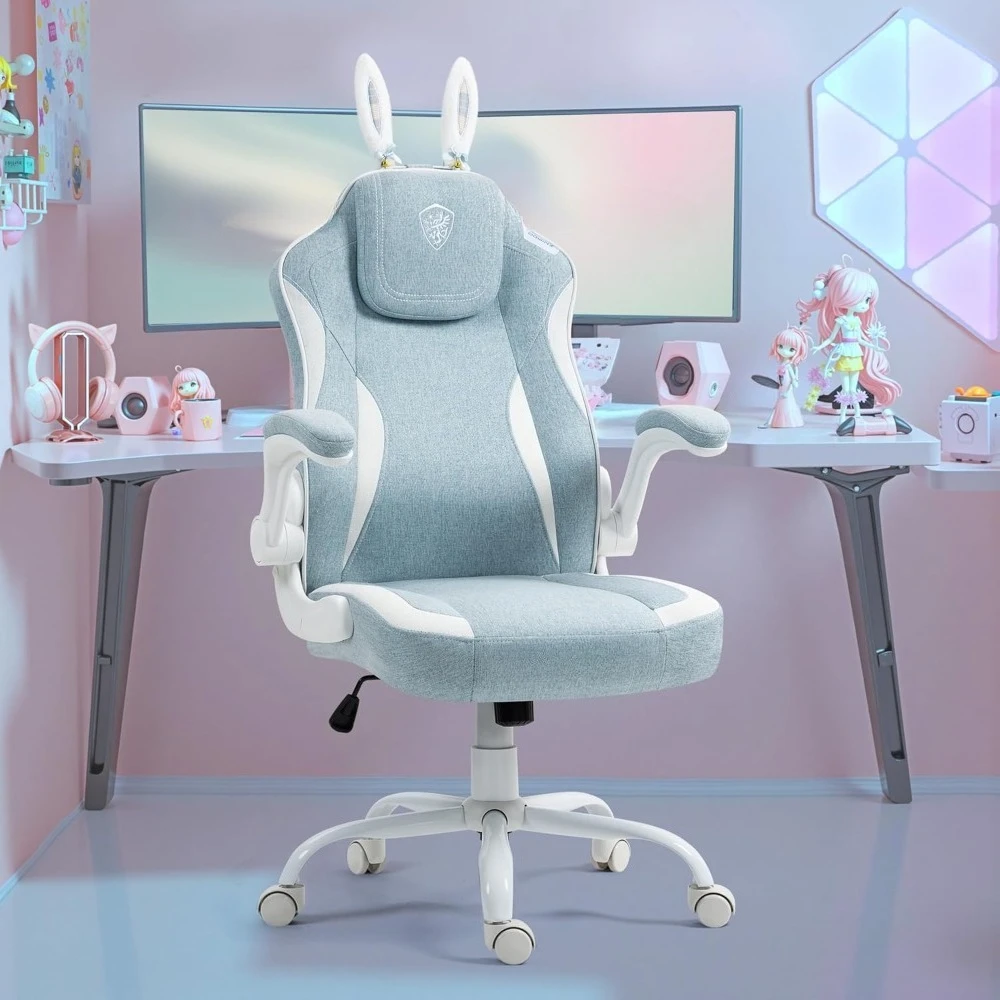 

Gaming Chair with Removable Cute Bunny Ears,Desk Game Chair Adiustable Height Cloth for Girl,Ergonomic Computer Chair for Adult