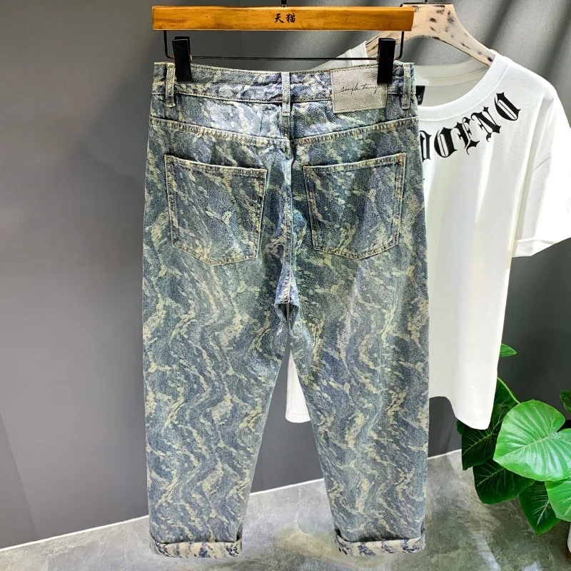 Hip Hop Trend Jacquard Printed Jeans Men\'s Fashion Loose Cool Straight Korean Street Pu Handsome Wide Leg Y2K Retro Pants