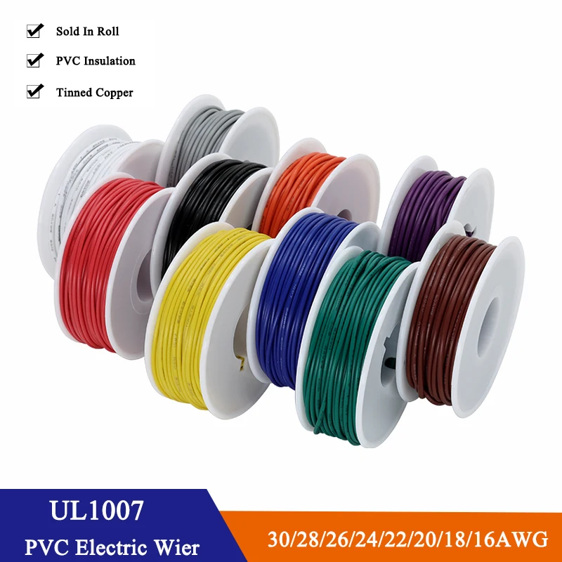 

UL1007 Electric Wire In Roll 30/28/26/24/22/20/18/16AWG PVC Insulated Tinned Copper Cable 300V LED Lamp Lighting Line Kit