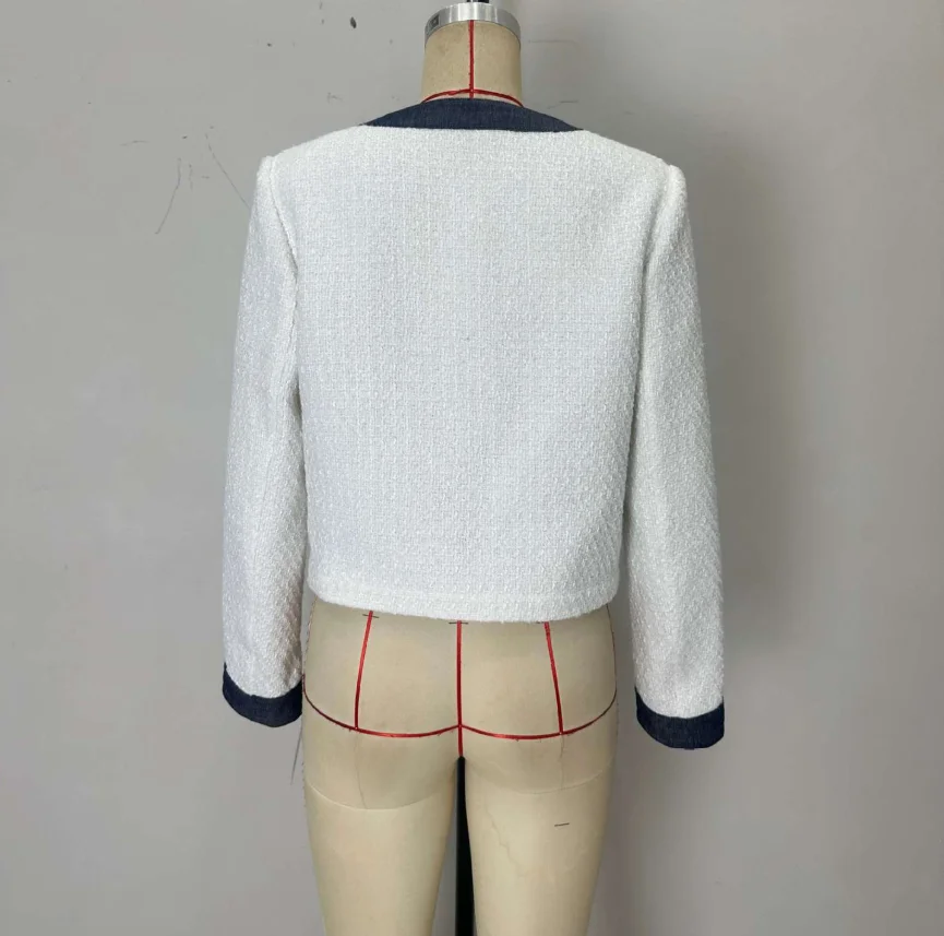 Damska kurtka z blokami kolorystycznymi, okrągły dekolt, krótki/długi rękaw, uniwersalna kurtka, elegancka, do pracy, retro, casualowa.