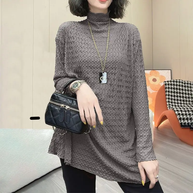 Dolcevita vari colori pieghe tridimensionali ritaglio donna Top manica lunga t-shirt larghe diritte di media lunghezza Oversize