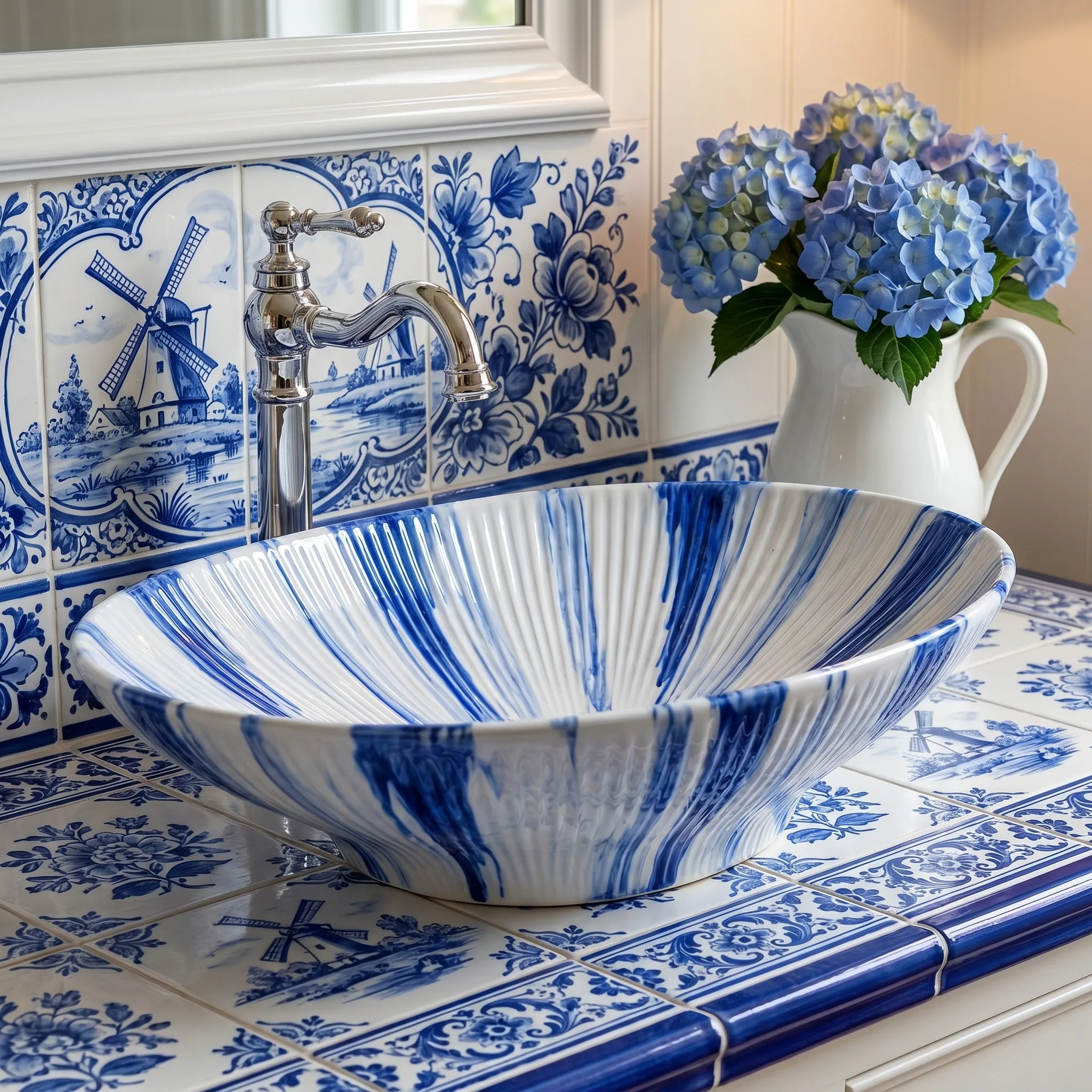 R*#n Ceramic Countertop Sink Flower Basin Shape Easy Clean Surface Sky Blue Marble Relief Lines Drainer Living Room Warehouse