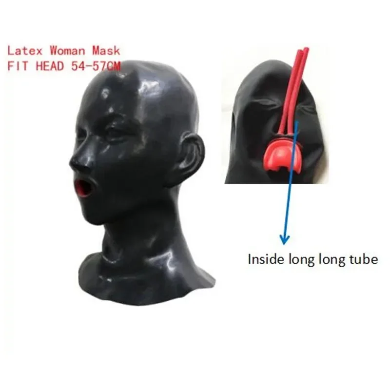 Women Latex Hood 3D Rubber Mask Closed Eyes Fetish with Red Teeth Gag and 15CM Long Nose Tube(FIT Head Around 54-57CM)