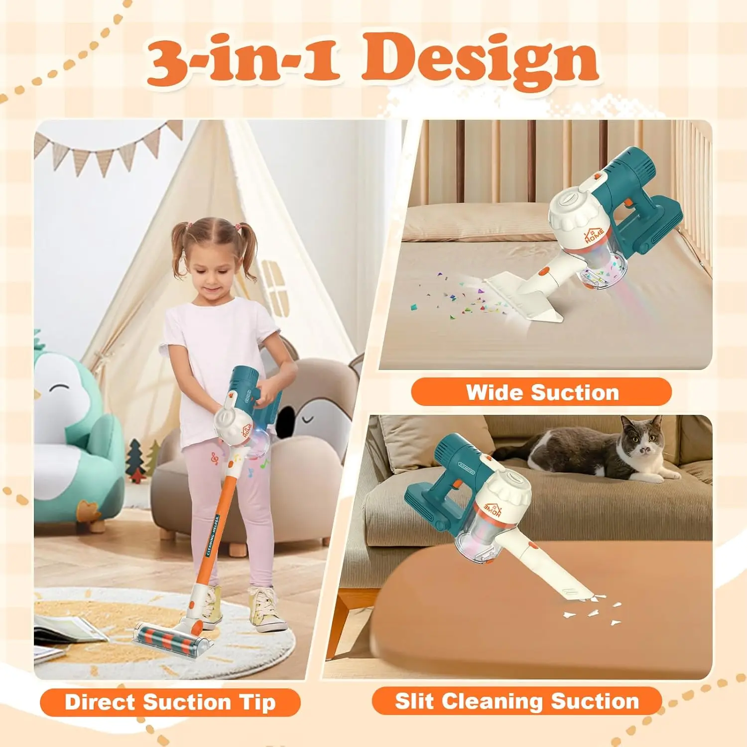 Set di giocattoli per aspirapolvere per bambini 3 in 1 Set di giocattoli per aspirapolvere senza fili con suoni leggeri Fai finta di giocare a casa che mantiene il giocattolo per i più piccoli