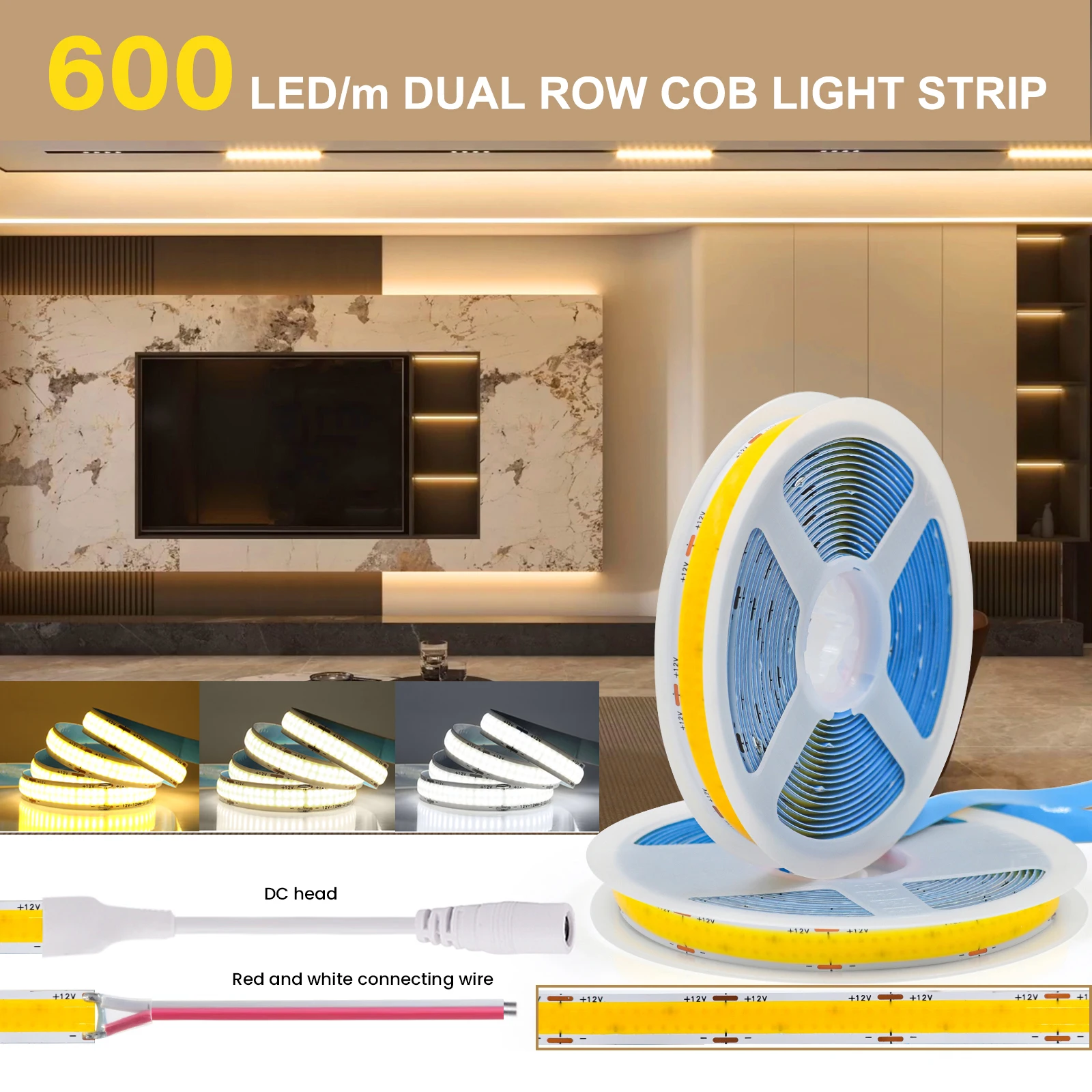 COB LED Strip Light Double Row Super Bright 600 LEDs/m Flexible Tape Linear Dimmable RA90 12V 24V White/Warm White/Natural White