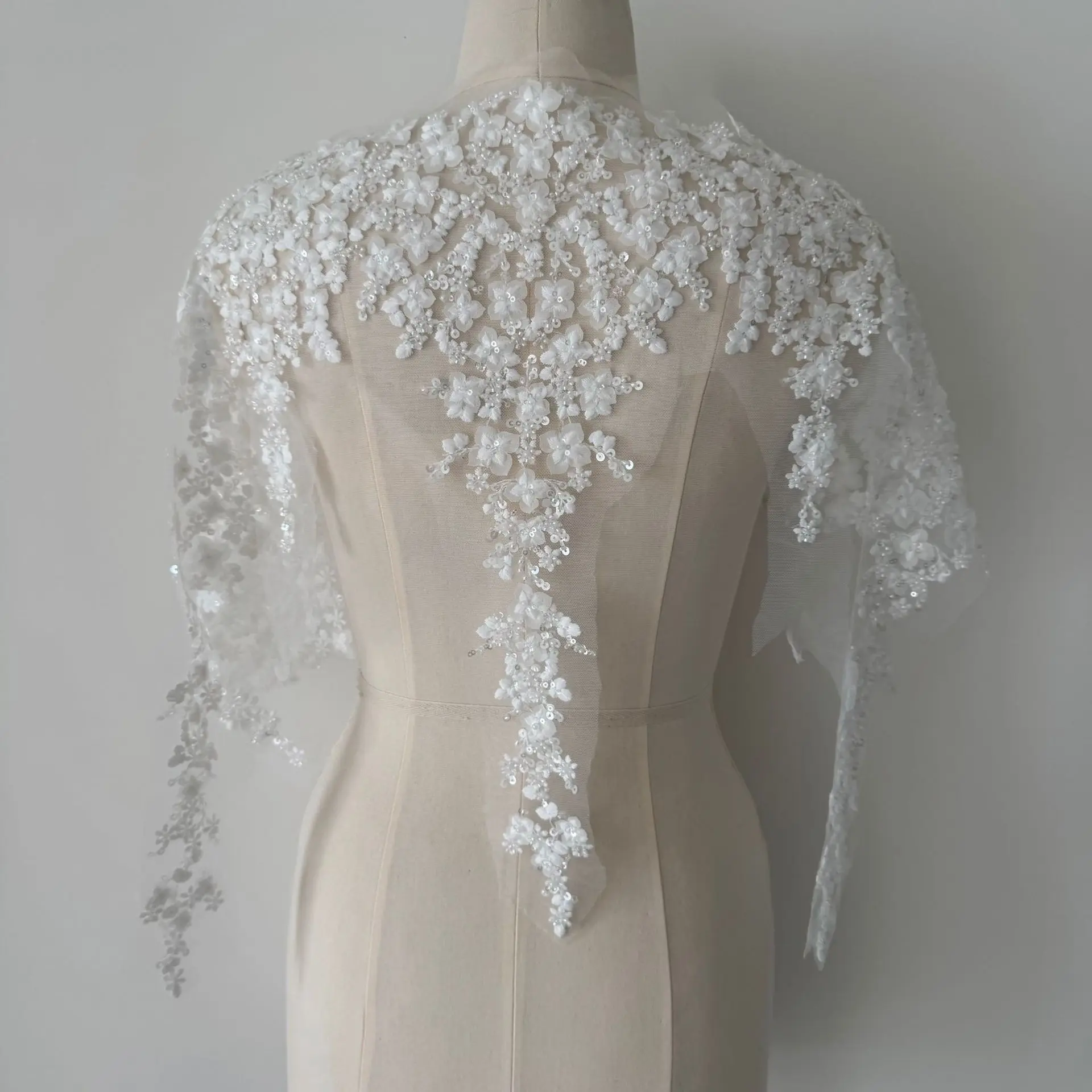 Pure White Small Floral Allover Beaded Embroidery Patch,Mesh Shawl Style Shoulder Trim for Wedding Dress Decoration