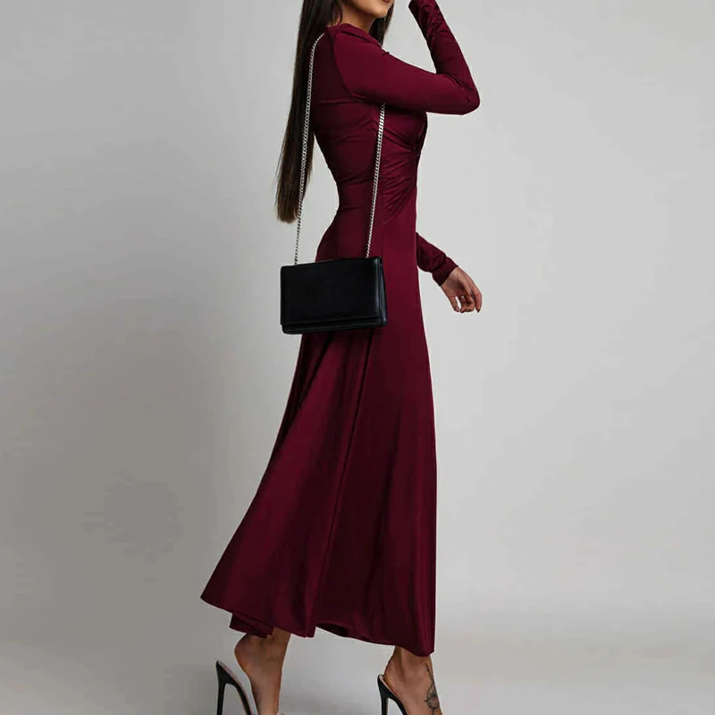 

Весеннее модное офисное платье с длинным рукавом, для коктейльных вечеринок, с завышенной талией, однотонное, макси, женское, элегантное, с воротником-стойкой, с перекрученным узором