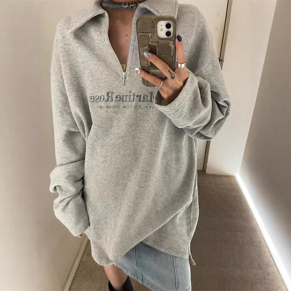 Martine Rose Light Gray Fuzzy Knit Pullover Casual Loose Half-Zip Polo Shirt Long Sleeve