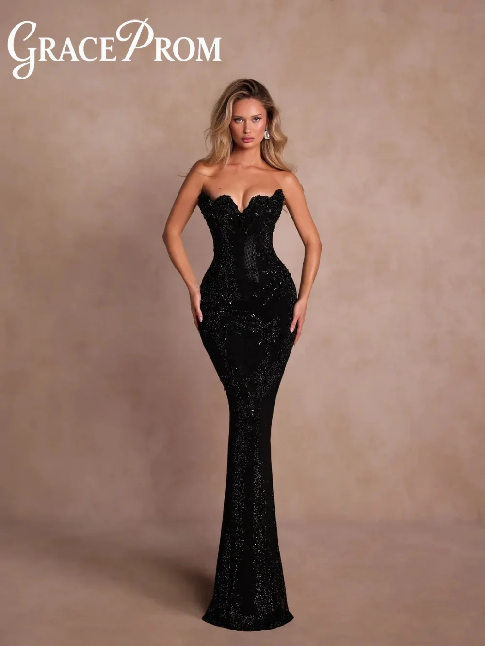 

GraceProm Elegant Black Evening Dress 2026 Sequin-Embellished Carpet Gown Stylish A-Line Floor-Length Party Gown فساتين سهرة