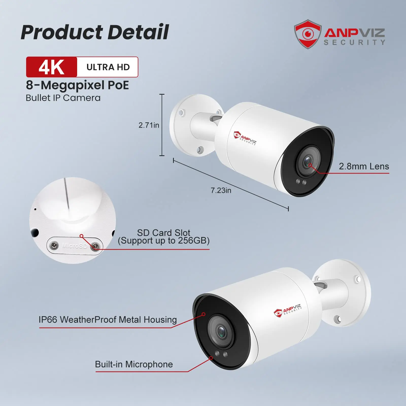 Anpviz 8MP POE IP Bullet cámara al aire libre 24/7 ColorVU 30m CCTV Video vigilancia IP66 tarjeta SD H.265 Audio detección de movimiento 2,0