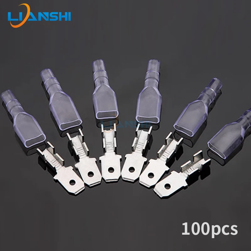 100pcs 6.3 male inserts 0.8mm thick 250 male terminals brass tinned with insulating sheath