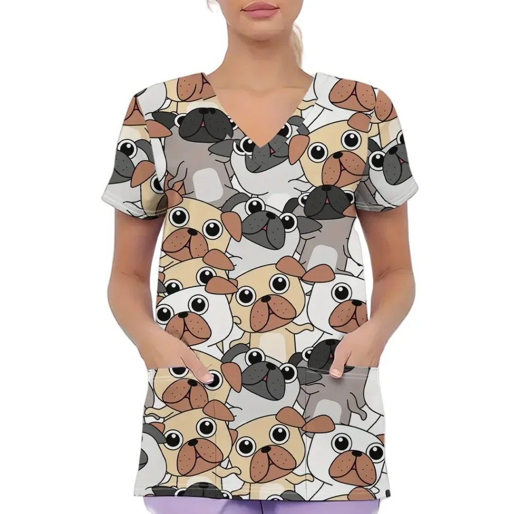 Клиническая униформа, женская модная ветеринарная форма с милым котом и мультяшным принтом, топы для кормления с карманами, летняя хирургическая униформа с короткими рукавами, женская