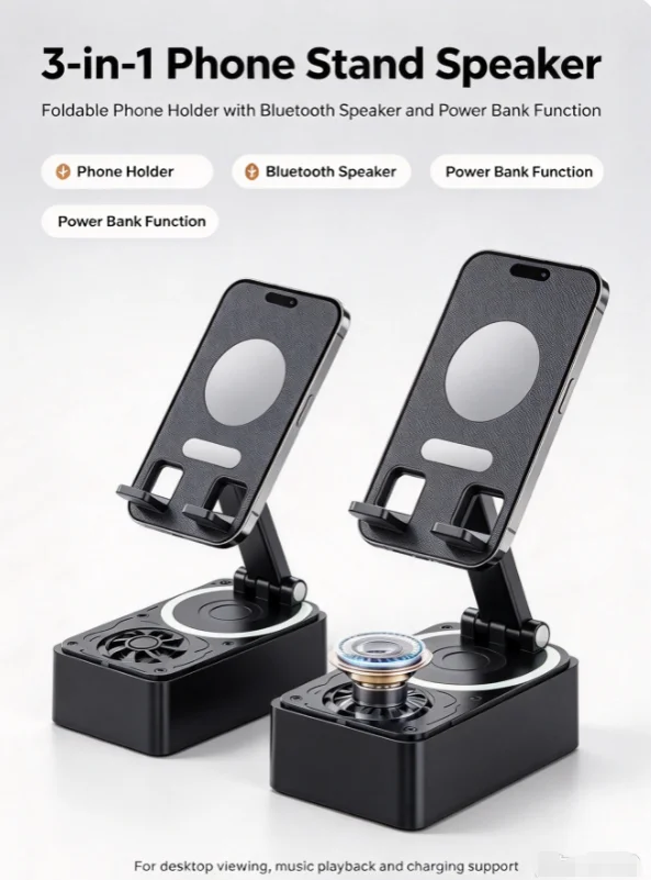 HTMCK 3-in-1 Bluetooth Speaker Phone Power Bank Foldable Wireless Speaker Phone Stand with Anti-Slip Pads For Video Meeting Live