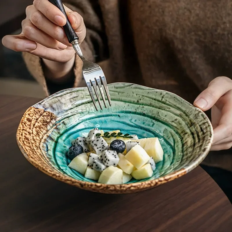 8inch Japanese beautiful ice crack 2025 new 8-inch bamboo hat bowl Blue art ceramic salad bowl noodles bowl