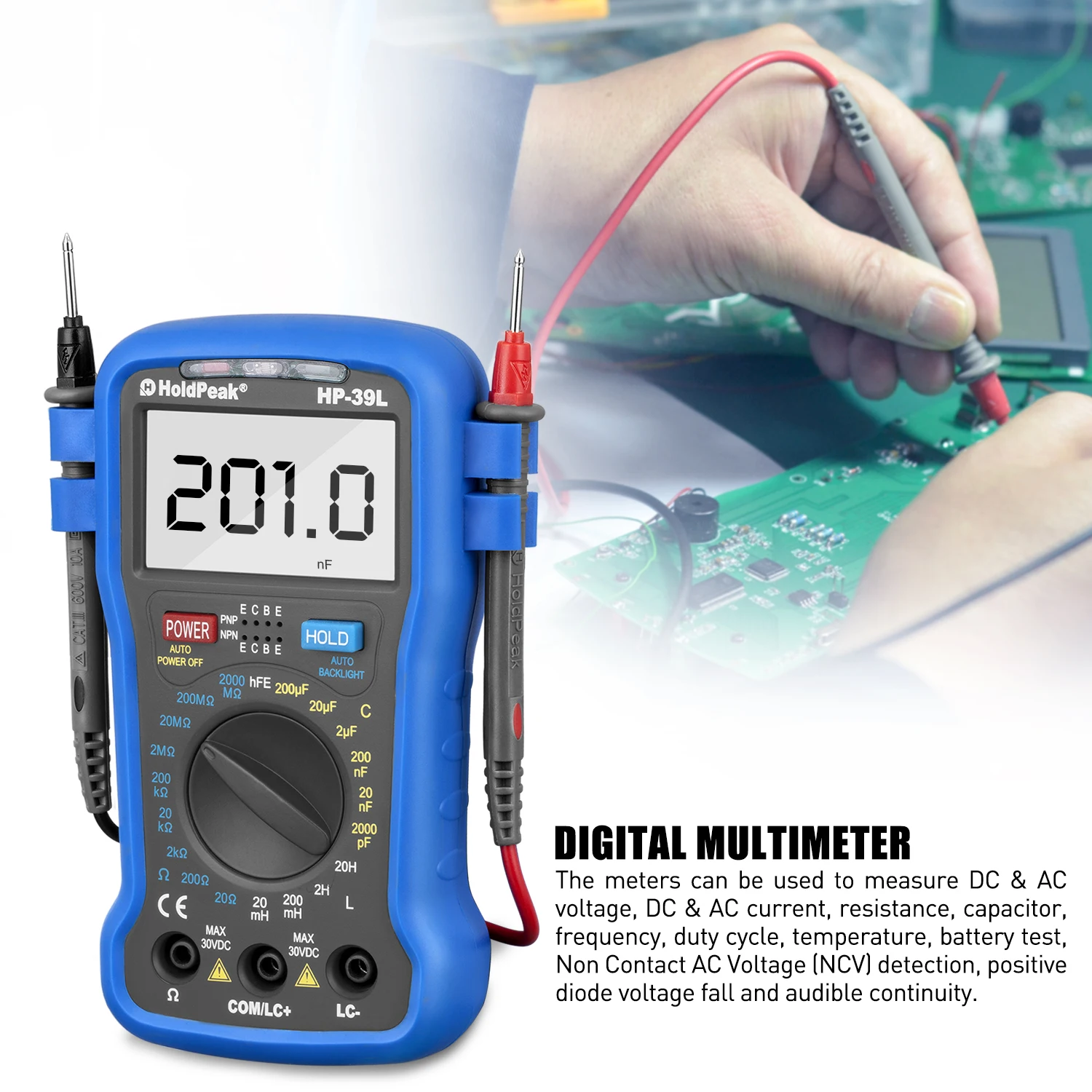 LCR Multimeter Capacitance Inductance Resistance Meter 3 1/2 Digital Handheld LCR Tester with Transistor HFE Test, Data Hold